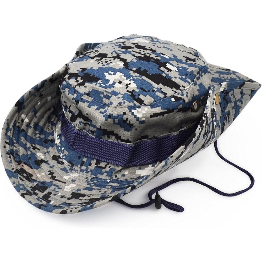 Unisex Blue Camouflage 100% Polyester Wide Brim Boonie With Chin Strap Bush Hat